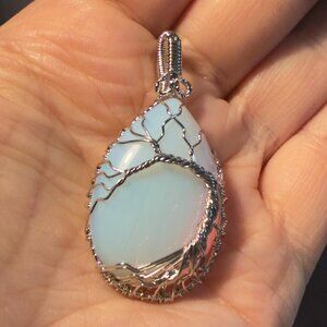 Opalite Wire Wrapped Teardrop Pendant Silver Tone 2"